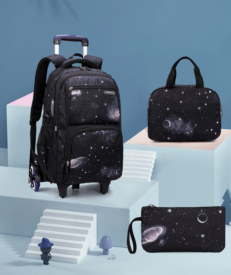 Galaxy Space Rolling Backpack Set - 3-Piece Wheeled School Backpack with Lunch Bag & Pencil Case