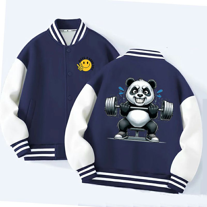 Panda Gym Workout Baseball Jacket - Kids Unisex Varsity Bomber Coat with Pockets