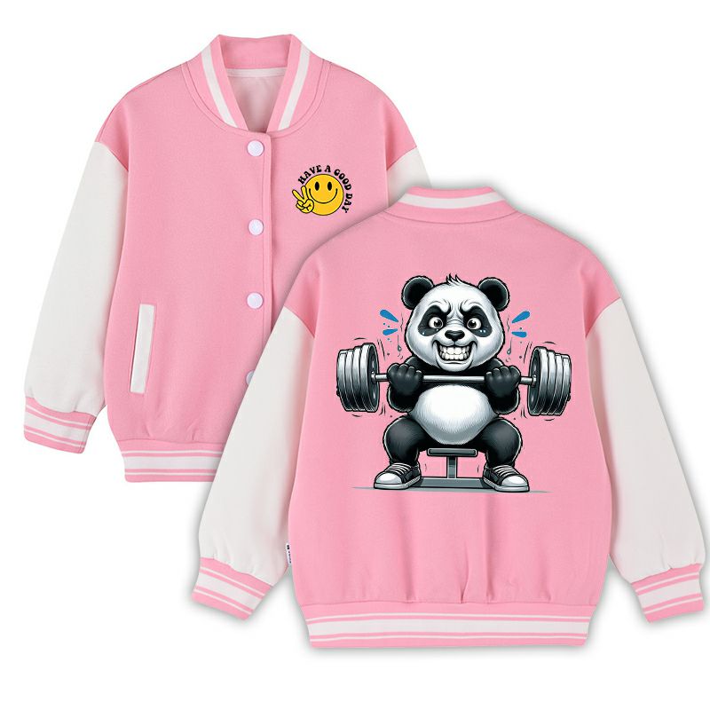 Panda Gym Workout Baseball Jacket - Kids Unisex Varsity Bomber Coat with Pockets