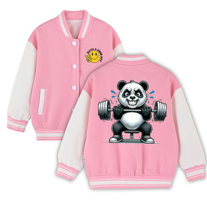Panda Gym Workout Baseball Jacket - Kids Unisex Varsity Bomber Coat with Pockets