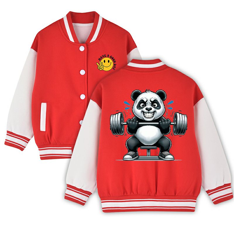 Panda Gym Workout Baseball Jacket - Kids Unisex Varsity Bomber Coat with Pockets