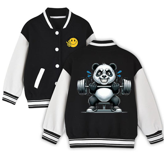 Panda Gym Workout Baseball Jacket - Kids Unisex Varsity Bomber Coat with Pockets