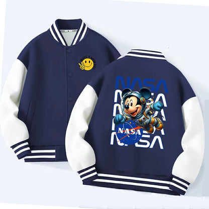 Youth NASA Mickey Baseball Jacket - Black White Varsity Bomber with Peace Sign