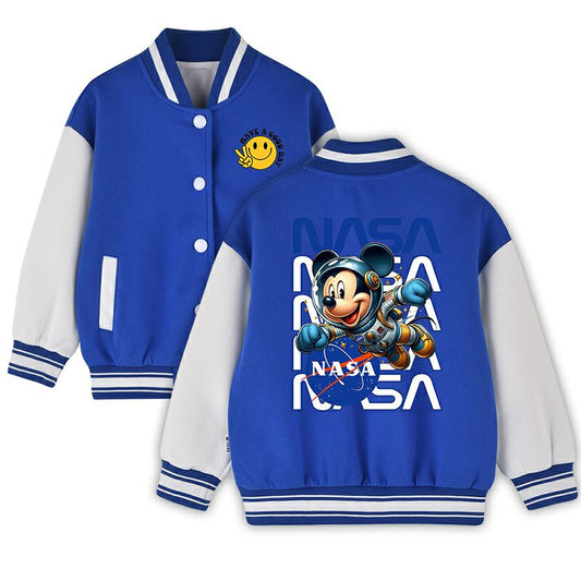 Youth NASA Mickey Baseball Jacket - Black White Varsity Bomber with Peace Sign