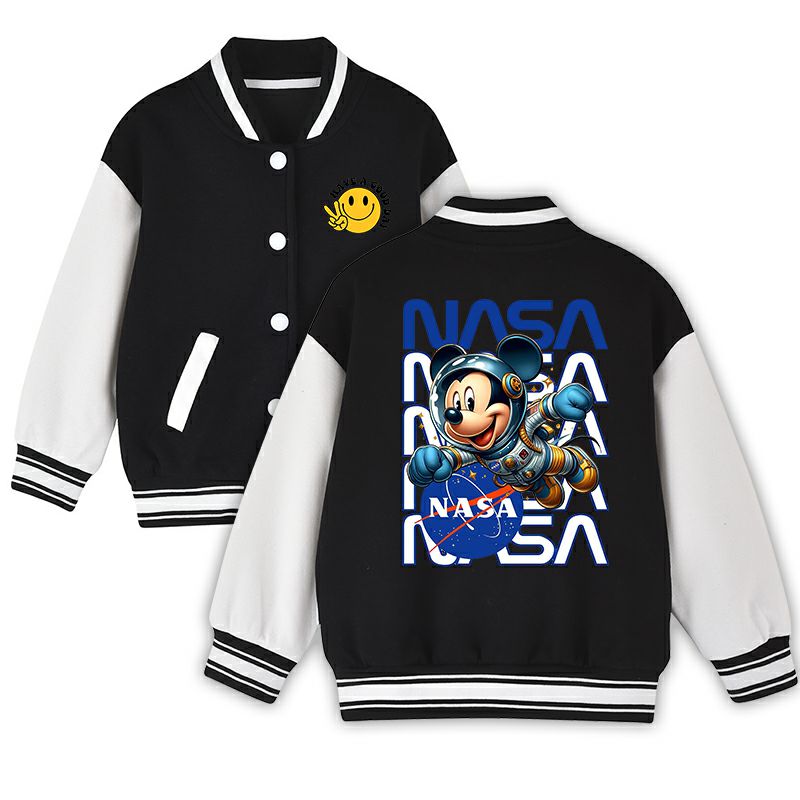 Youth NASA Mickey Baseball Jacket - Black White Varsity Bomber with Peace Sign