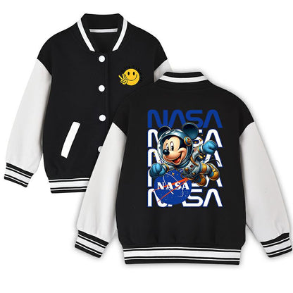 Youth NASA Mickey Baseball Jacket - Black White Varsity Bomber with Peace Sign