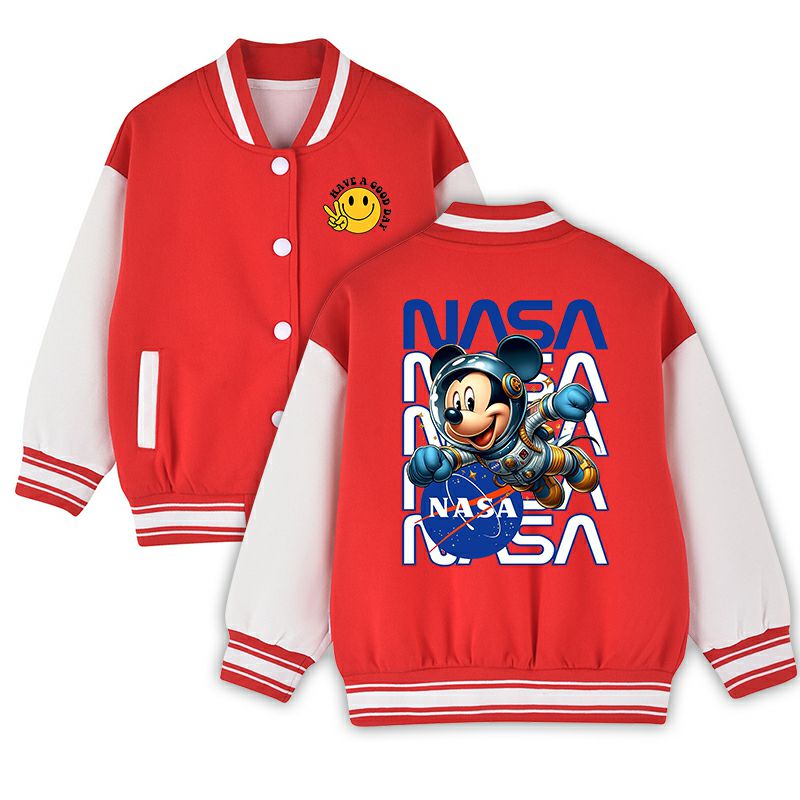 Youth NASA Mickey Baseball Jacket - Black White Varsity Bomber with Peace Sign