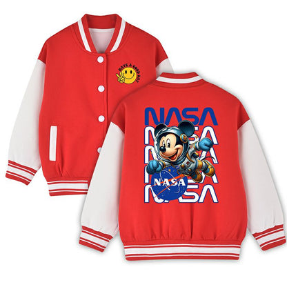 Youth NASA Mickey Baseball Jacket - Black White Varsity Bomber with Peace Sign