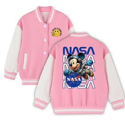 Youth NASA Mickey Baseball Jacket - Black White Varsity Bomber with Peace Sign